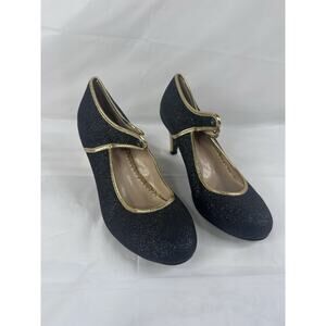 Betty Page Shoes By Ellie Retro Black Glitter Cheetah Strap Heel Dancer Size 10